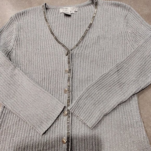 ADRIANNA PAPELL Evening Essentials Silver Metallic Beaded Trim Cardigan Size: M - Picture 3 of 6